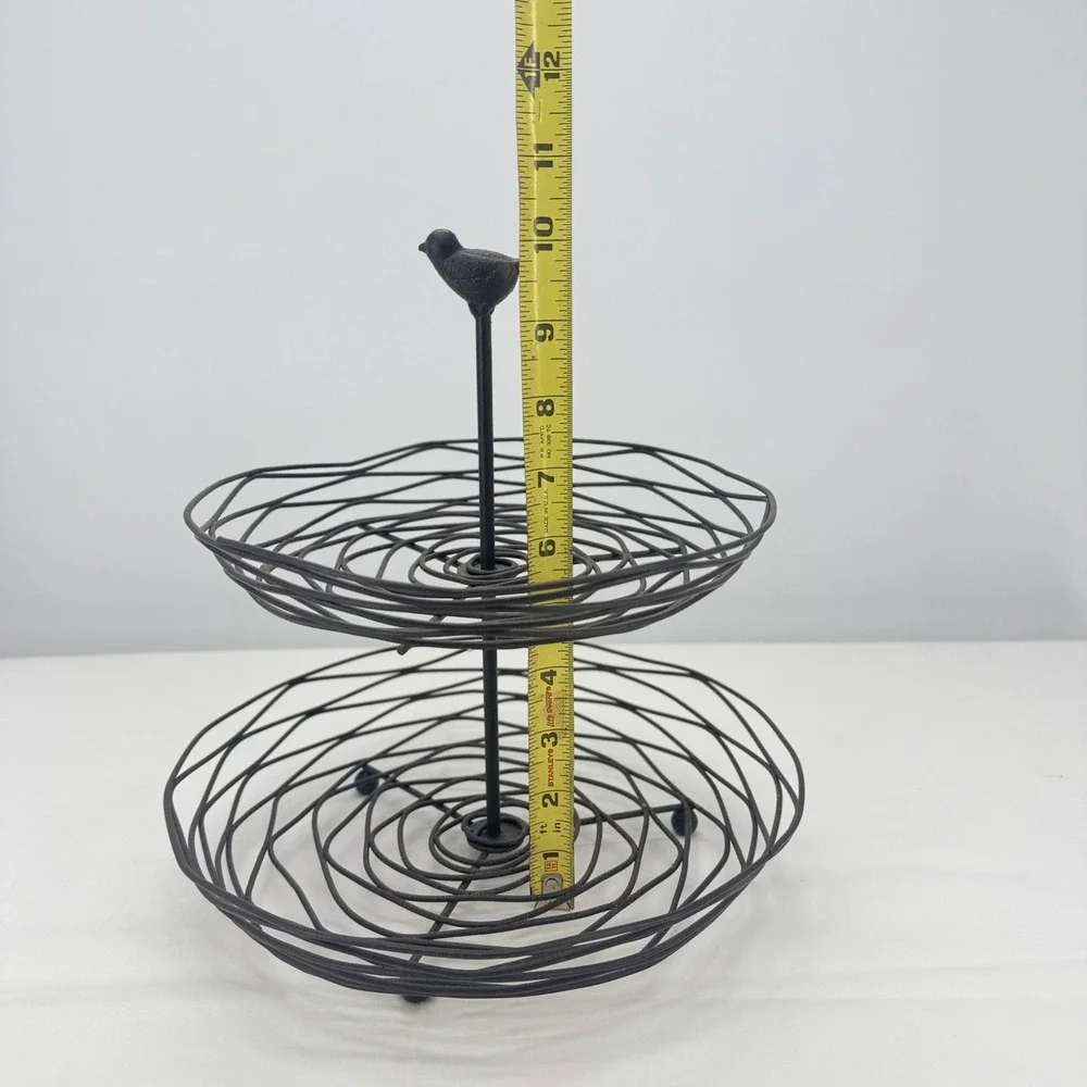 Rustic 2 Tier Wire Bird Finial‎ Fruit Basket Stand Bronze Metal Nest Server 12in